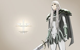 white haired woman wearing gray armor holding sword anime character