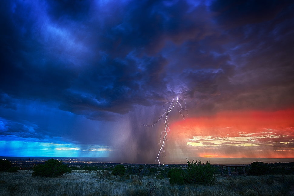 storm with thunder, nature, landscape, lightning, rain HD wallpaper