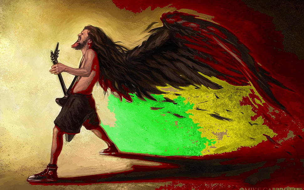 man with wings holding electric guitar painting, Dimebag Darrel HD wallpaper