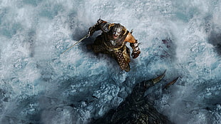 man wearing viking armor and helmet holding sword illustration, video games, The Elder Scrolls V: Skyrim, warrior, snow