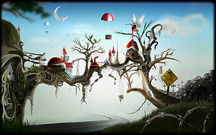 bare tree with house illustration, digital art, surreal, bench, road