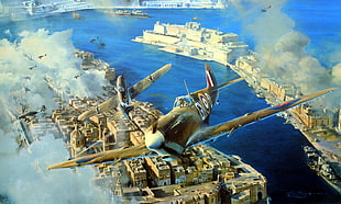 gray biplane flying above the city digital wallpaper, World War II, military, aircraft, military aircraft