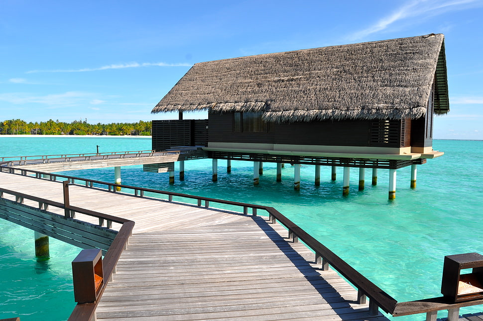 brown wooden house in body of water under blue sky, maldives HD wallpaper