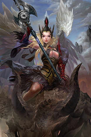 female game character digital wallpaper, fantasy art, dragon