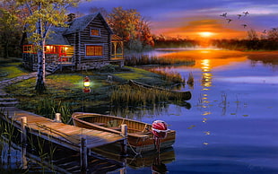 gray house illustration, night, house, cabin, boat