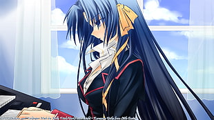 blue haired female Manga character illustration