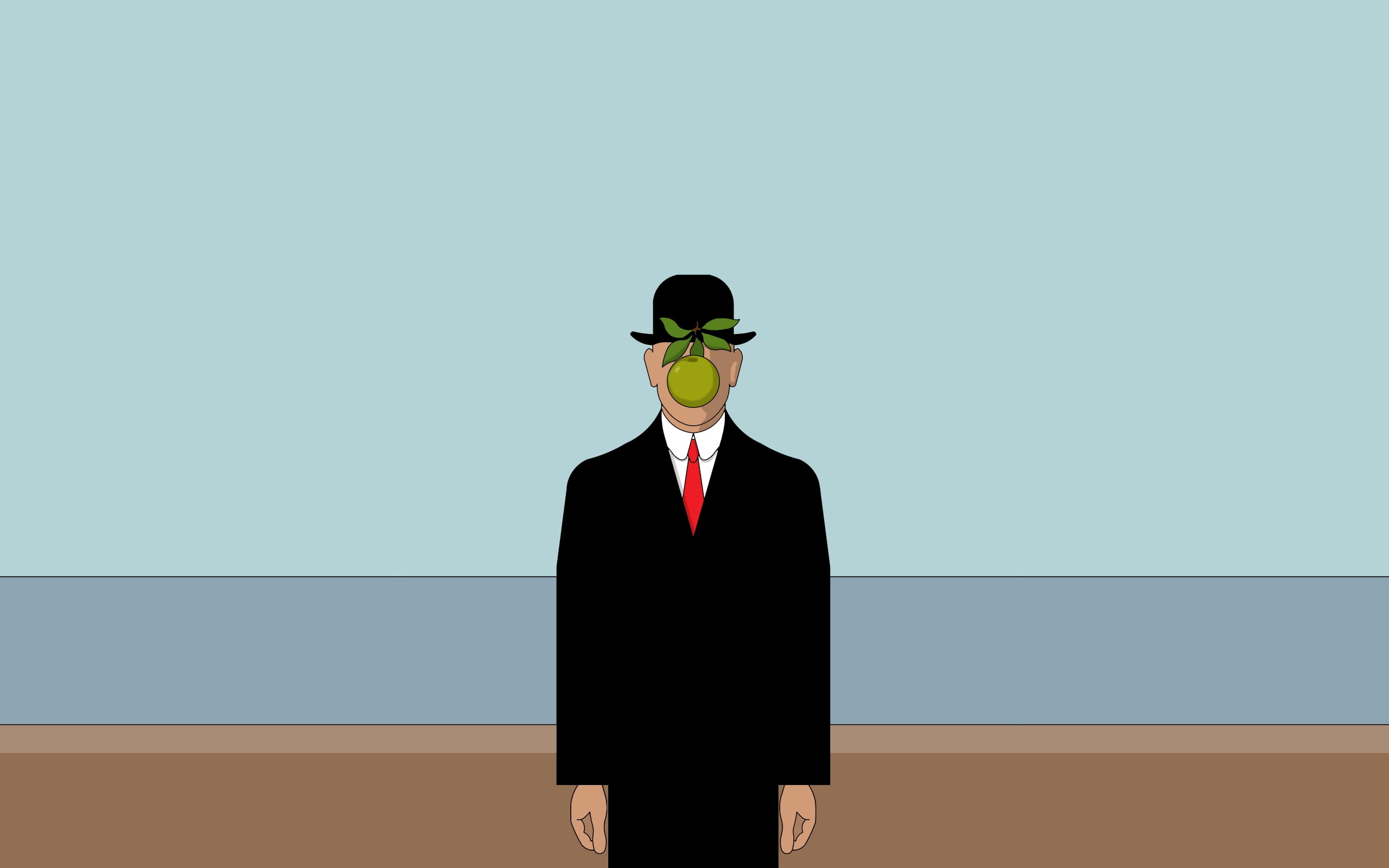 man in black coat with red necktie and fedora hat and green round fruit on face illustration