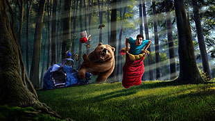 man running near bear illustration HD wallpaper