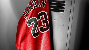 white, red, and black Chicago Bulls Michael Jordan 23 jersey shirt, basketball, sports, Michael Jordan, numbers HD wallpaper