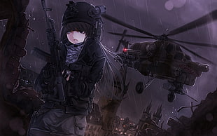 character holding rifle digital wallpaper, anime, anime girls, gun, helicopters