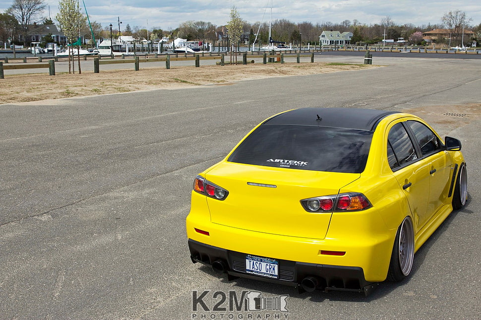 yellow sedan, car, yellow cars, Mitsubishi, vehicle HD wallpaper