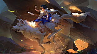 female game character riding wolf illustration HD wallpaper
