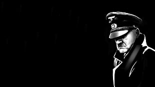 grayscale photo of man wearing peaked hat, Adolf Hitler, Nazi, black background, mustache