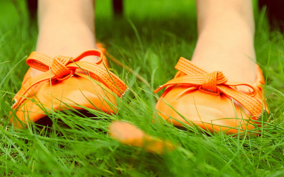 woman wearing pair of orange shoes top of green grass HD wallpaper