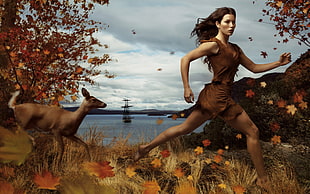 woman chasing by deer illustration, women, actress, brunette, long hair HD wallpaper