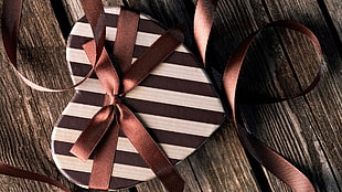 heart-framed brown and white stripe gift box