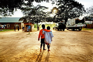 boy's red long-sleeved shirt, children, trees, town, Africa