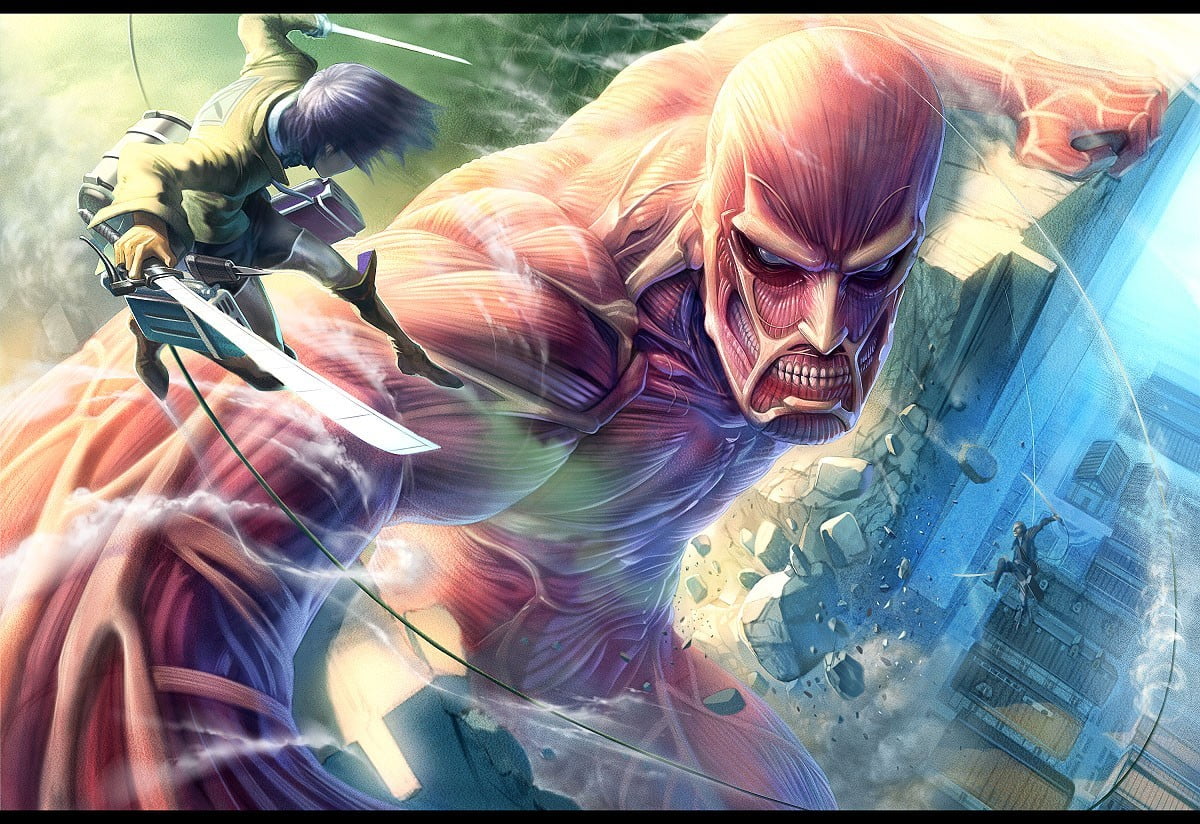 Erin and Collosal digital wallpaper, Shingeki no Kyojin, Eren Jeager, Colossal Titan