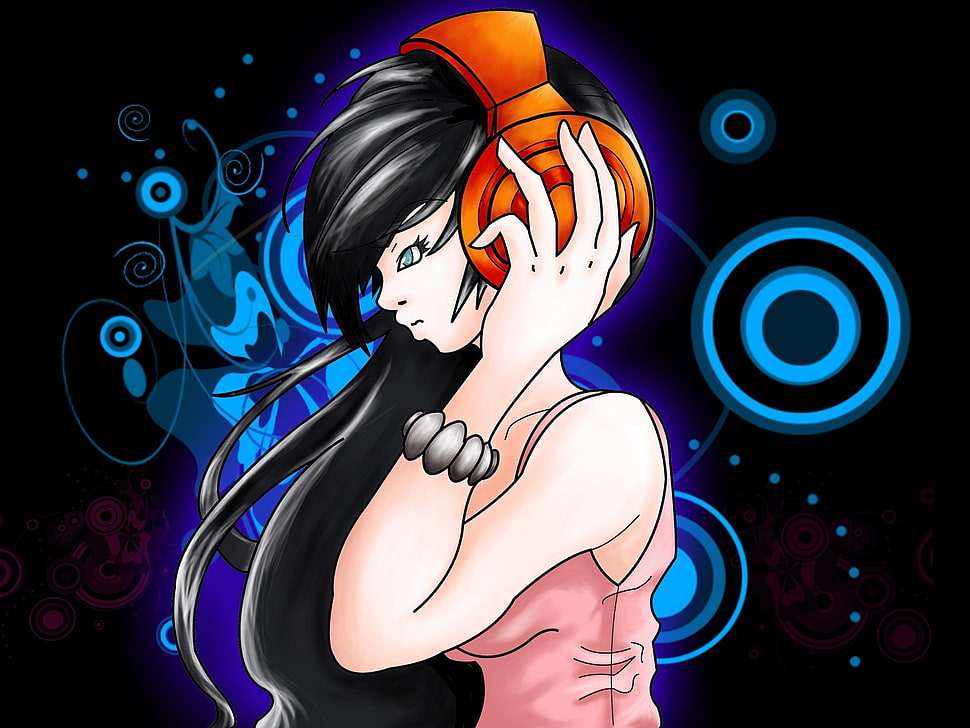 female with black hair wearing orange headphones digital wallpaper HD wallpaper