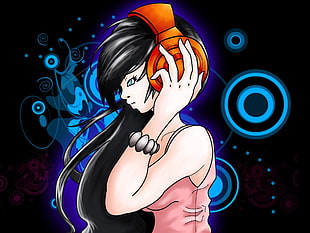 female with black hair wearing orange headphones digital wallpaper