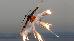 orange and black jet fighter, flares, aircraft, Boeing C-17 Globemaster III HD wallpaper
