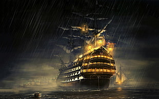 brown wood sailing ship on night painting