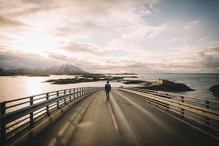 person standing on road wallpaper, nature, sea, road, The Road HD wallpaper