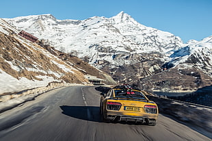 yellow Audi car, mountains, road, vehicle, car HD wallpaper
