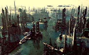 spaceships and city art, science fiction, futuristic, city, futuristic city HD wallpaper