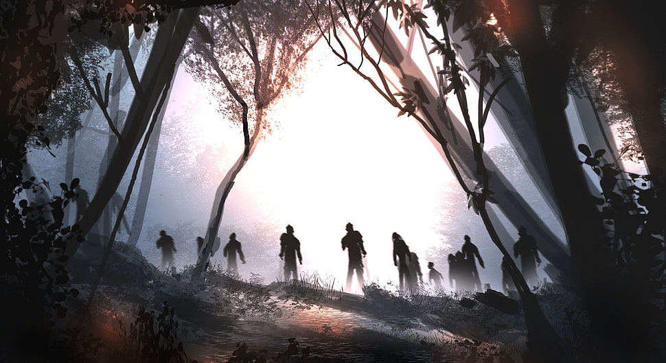 tall trees and zombies painting, fantasy art, zombies, forest, trees HD wallpaper