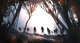 tall trees and zombies painting, fantasy art, zombies, forest, trees