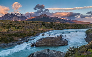 white and brown boat near body of water painting, river, waterfall, Torres del Paine, Chile