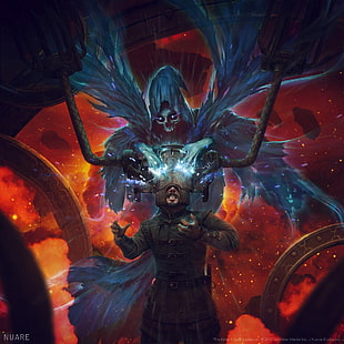 devil killing a soldier illustration, death, space, machine, drawing