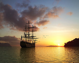 galleon at sea during golden hour