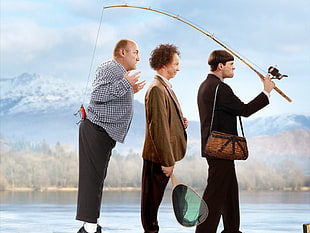 three men's holding fishing rod movie poster HD wallpaper