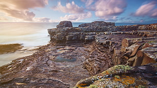 brown rock formations, landscape, sea HD wallpaper
