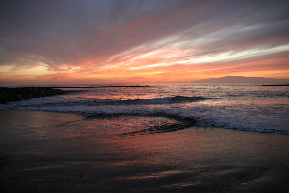 sea shore photo during sunset HD wallpaper