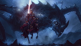warrior on horse and dragon illustration, fantasy art, warrior, dragon