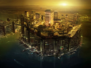 brown high-rise building, Deus Ex: Human Revolution, concept art, cityscape, futuristic city