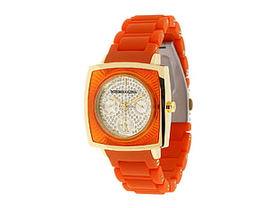 square shaped gold bezel chronograph watch with orange link bracelet