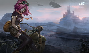female riding on motorcycle digital wallpaper, fantasy art