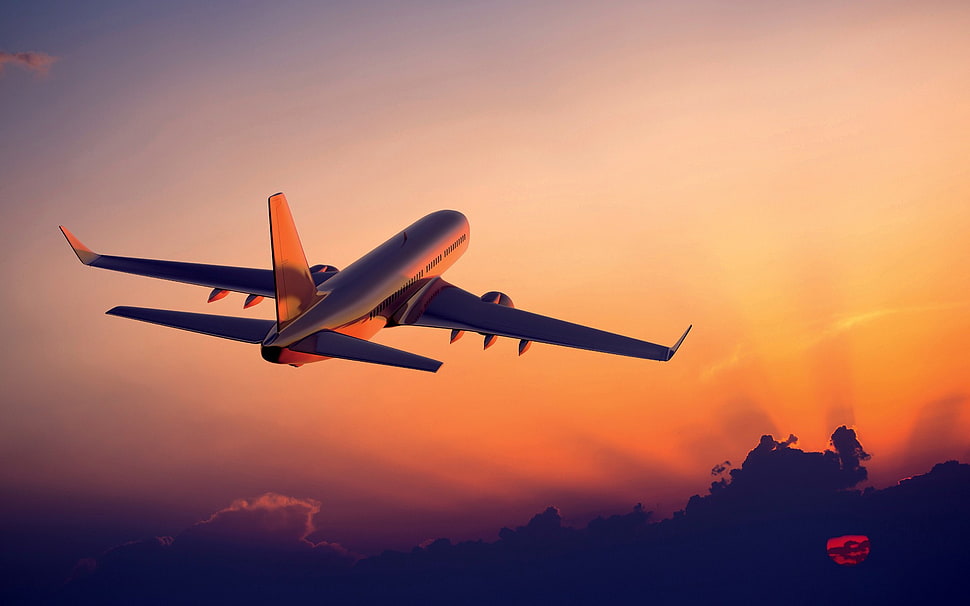 grey airliner, sunset, sky, airplane, clouds HD wallpaper