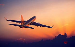 grey airliner, sunset, sky, airplane, clouds