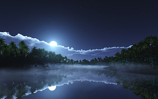 calm water under white clouds and full moon, nature, landscape, starry night, moonlight