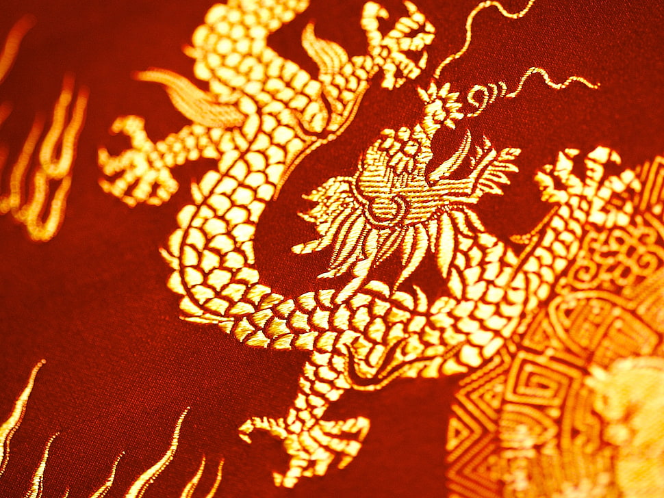 red and gold textile with Eastern Dragon emroidery HD wallpaper