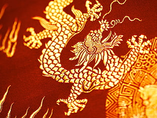 red and gold textile with Eastern Dragon emroidery