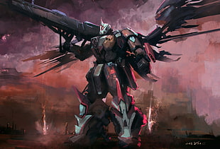 red, white, and black robot painting, science fiction, mech