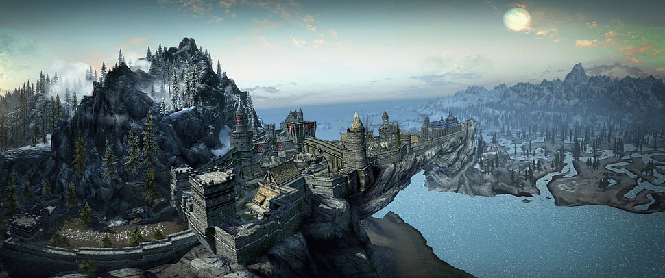 aerial photography of building 3D illustration, The Elder Scrolls V: Skyrim, video games, castle, mountains HD wallpaper