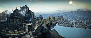 aerial photography of building 3D illustration, The Elder Scrolls V: Skyrim, video games, castle, mountains
