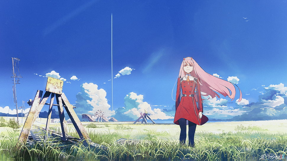 female anime character walking at the field illustration, Darling in the FranXX, Zero Two (Darling in the FranXX), pink hair, darling in franxx HD wallpaper